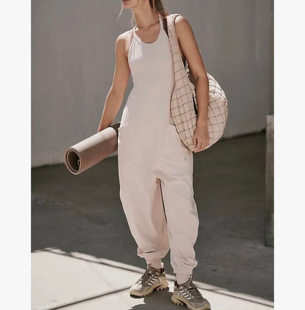Free People Movement Aura Halter Jumpsuit Sz XL Harem Cream Pink Open Back